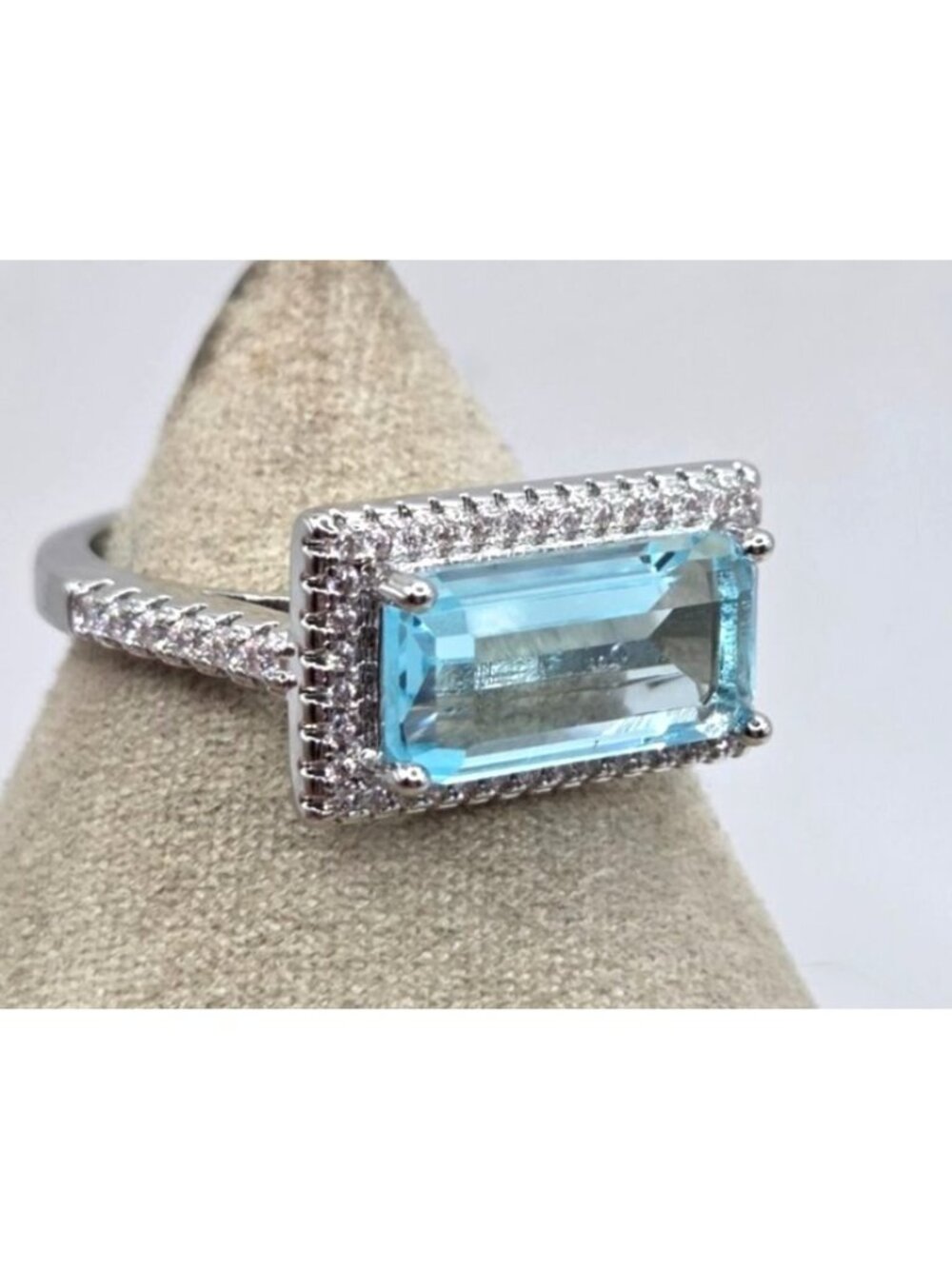 Faux Aquamarine & CZ Halo Ring Silver Rectangular Cut   Size 6